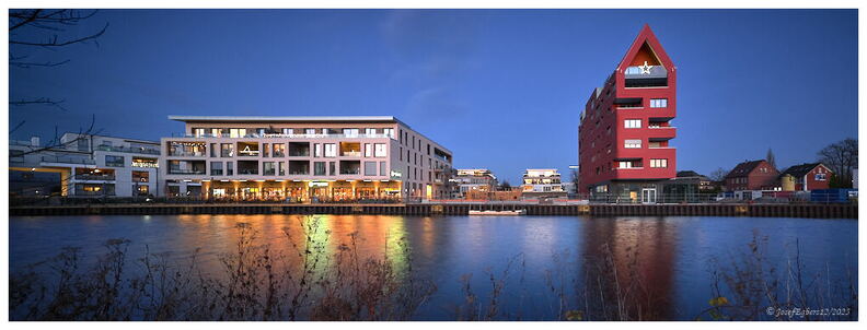 DSCF9004-Blaue Stunde, Alter Hafen Lingen, Panorama